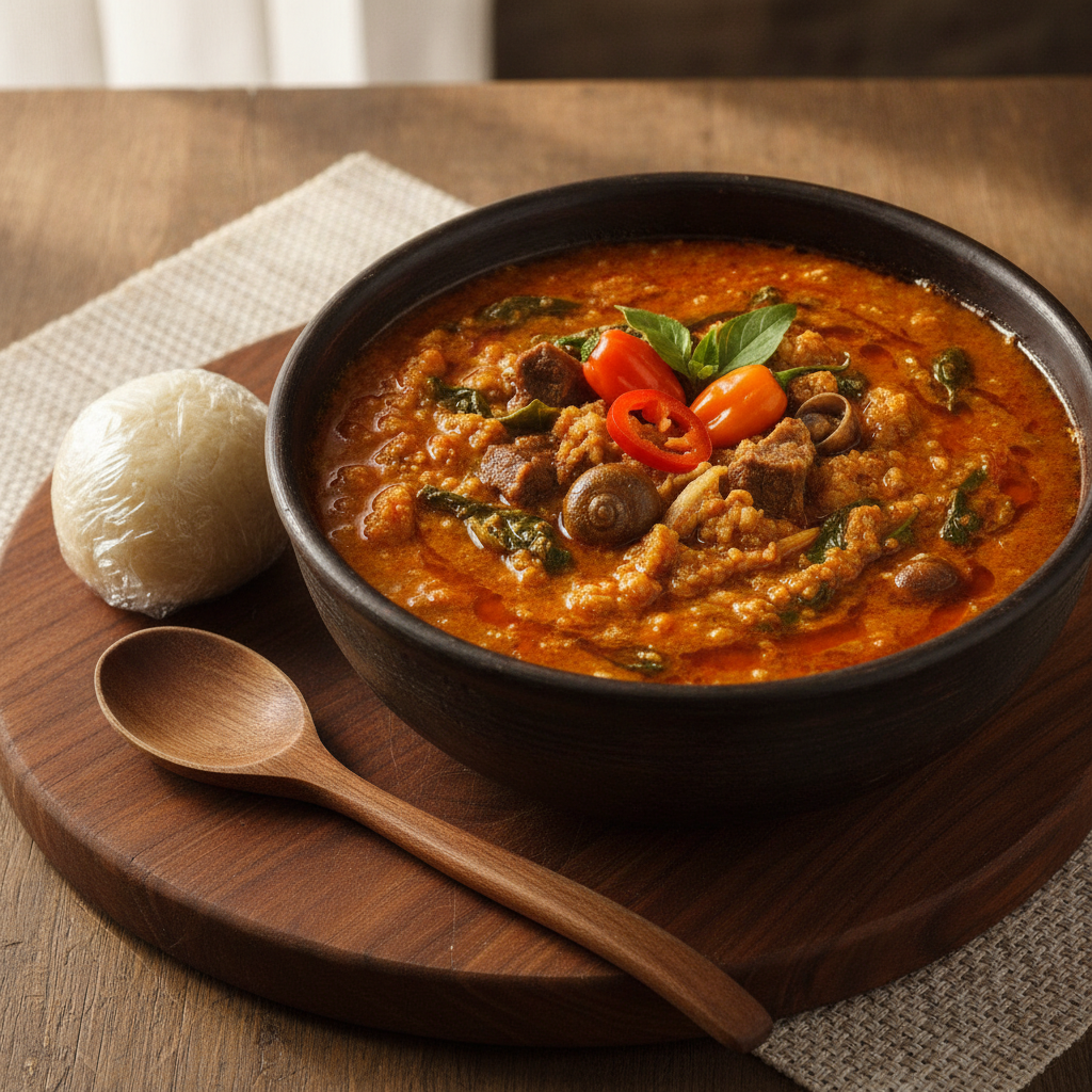 Nigerian Cuisine Egusi Soup no people zoom in justs focus on food top view