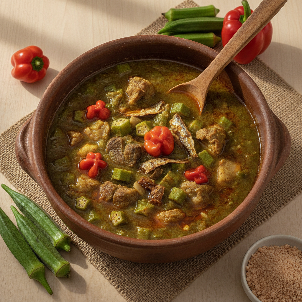 Nigerian Cuisine Okra Soup no people zoom in justs focus on food top view